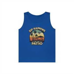 Sip Happens Patio Tank Top — Retro Sunset Summer Beach Graphic